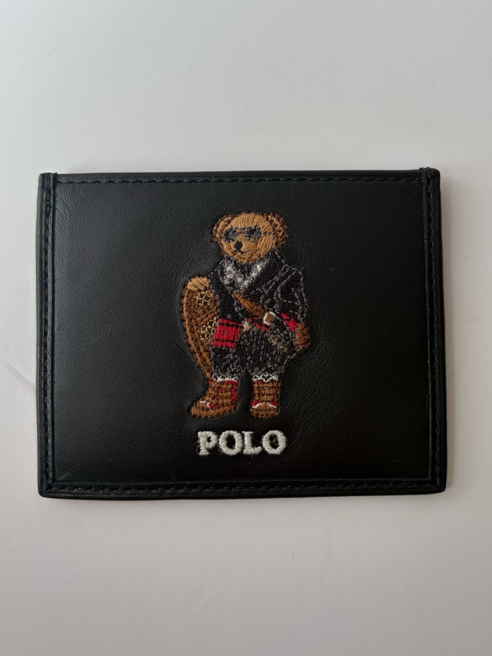 Ralph Lauren Black Leather Card Holder with Embroidered Bear